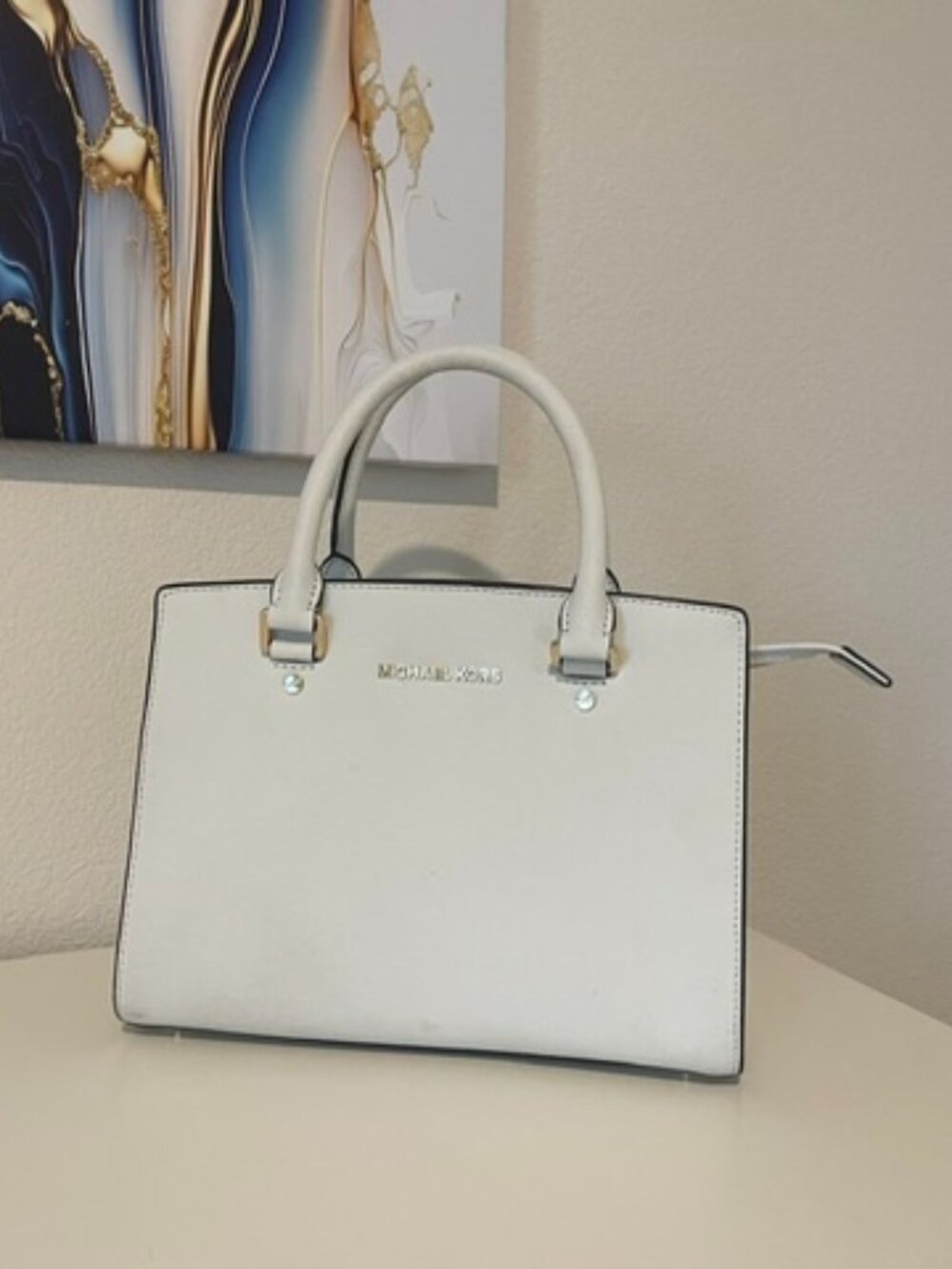 Michael Kors White Leather Satchel Tote Purse | Gold Hardware